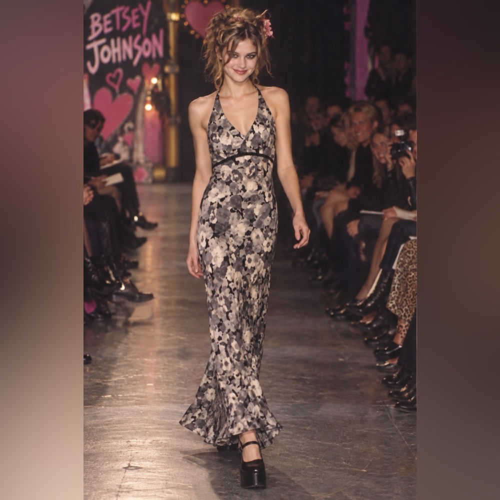 Betsey Johnson Vintage 90s Floral Maxi Black Gray Maxi Runway Dress RARE 6 Y2k